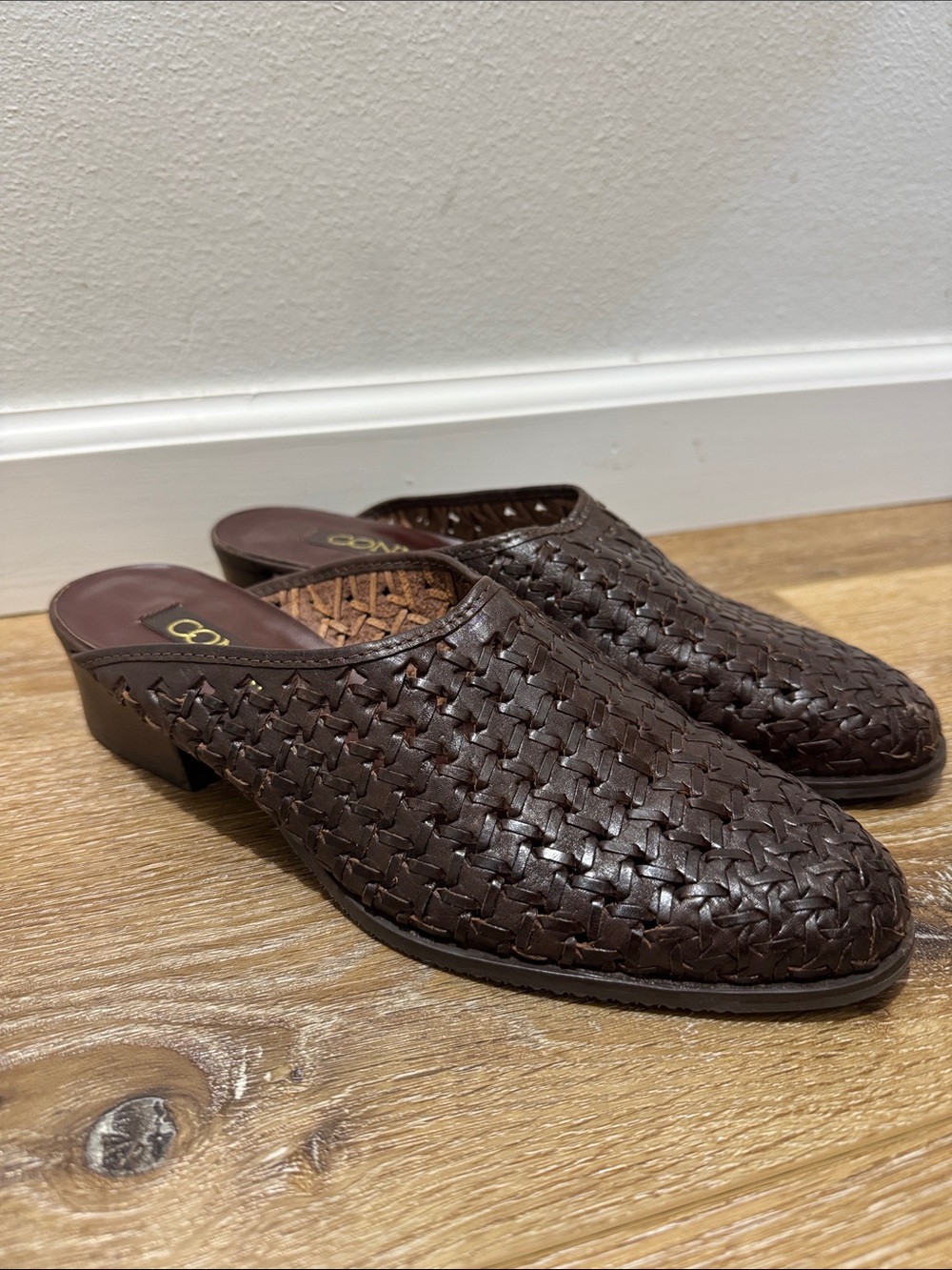 Vintage Woven Leather Mule Slides in Dark Brown